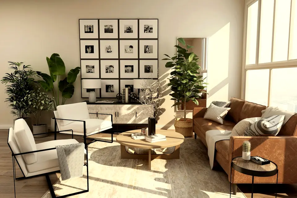 A sunlit living room with a linen sofa and a low wooden table.